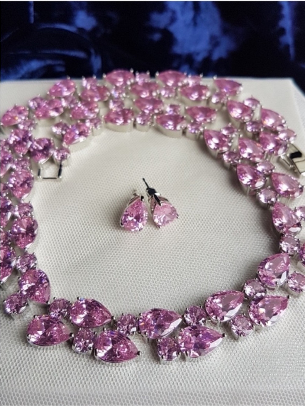 Swarovski Elements Pink Teardrop & Round Gemstone Statement Necklace & Studs NEW - Picture 13 of 17